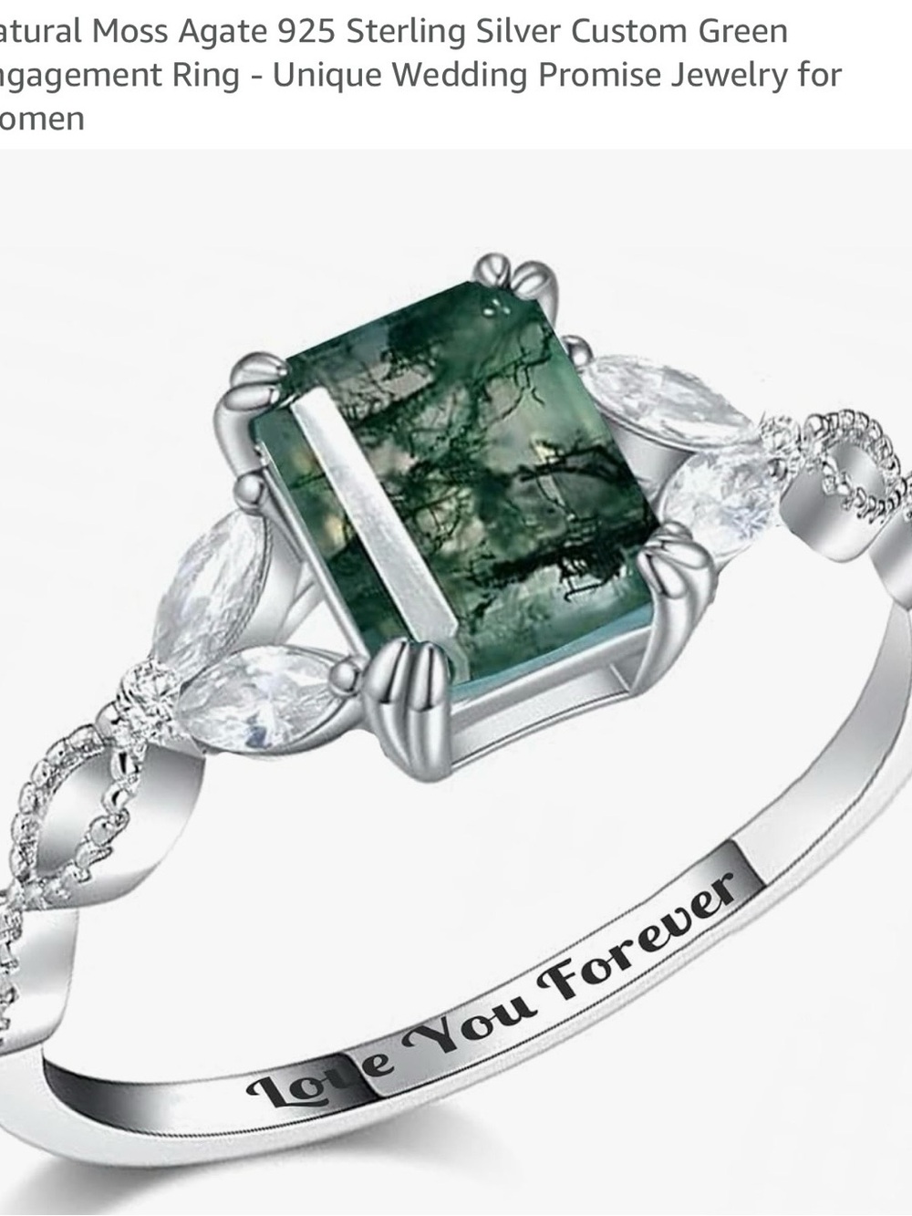 Sterling Silver Moss Agate Engagement Ring with Green Center Stone sz 7